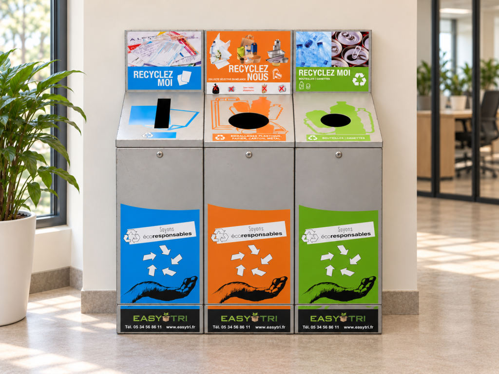 Équipements de tri professionnels : trois bornes Easycub de seconde vie alignées contre un mur dans un bureau.